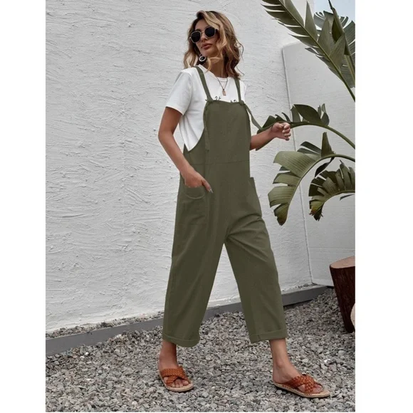 Army Green Casual Overalls w/ Pockets Rolled Up Hem - Picture 4 of 7